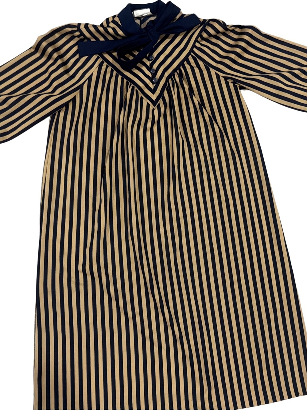 Sears Navy and Tan Striped Midi Dress with Neck Tie